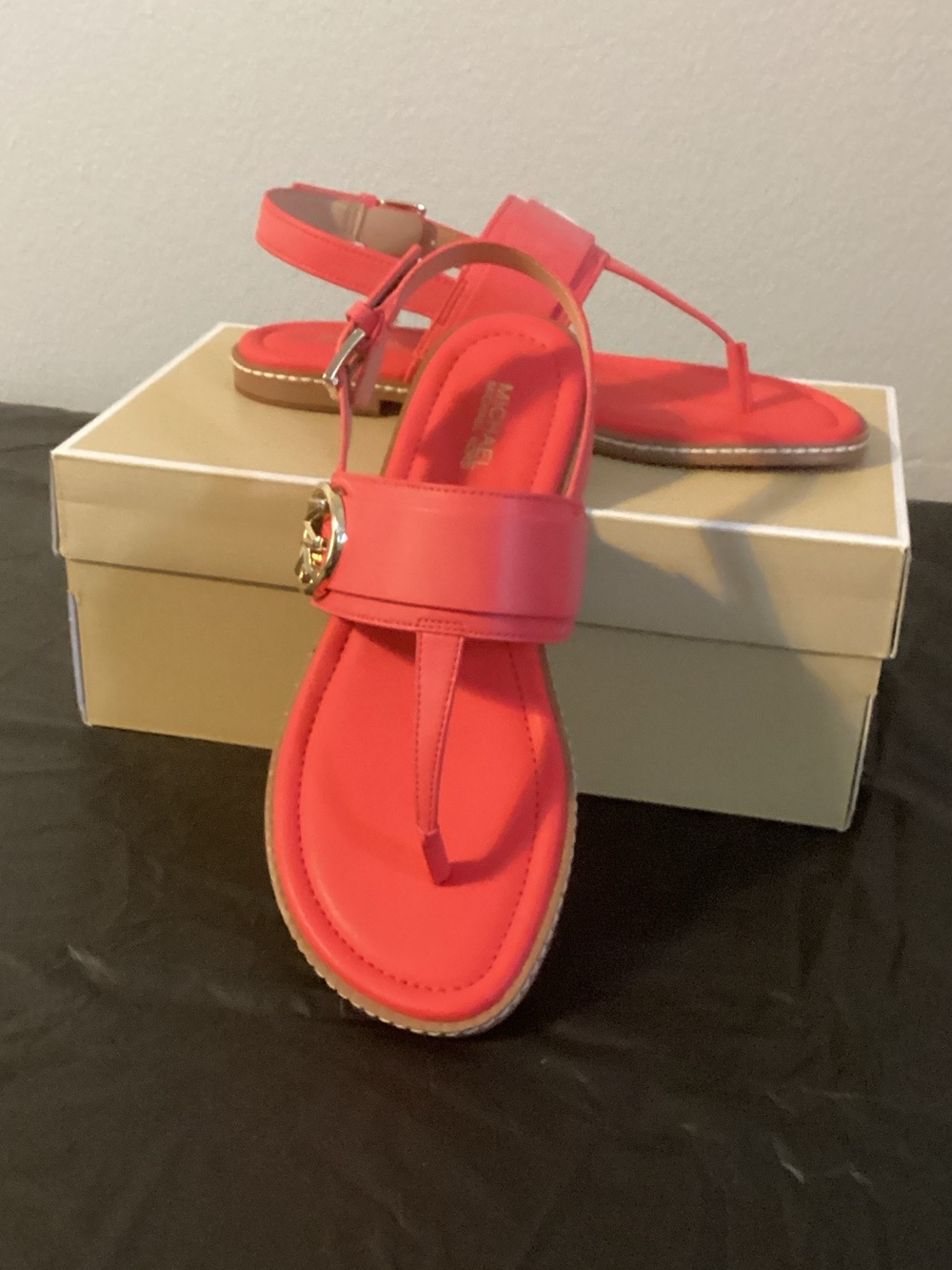 Michael Kors Coral/Peach T-Strap Sandals with Gold Accent